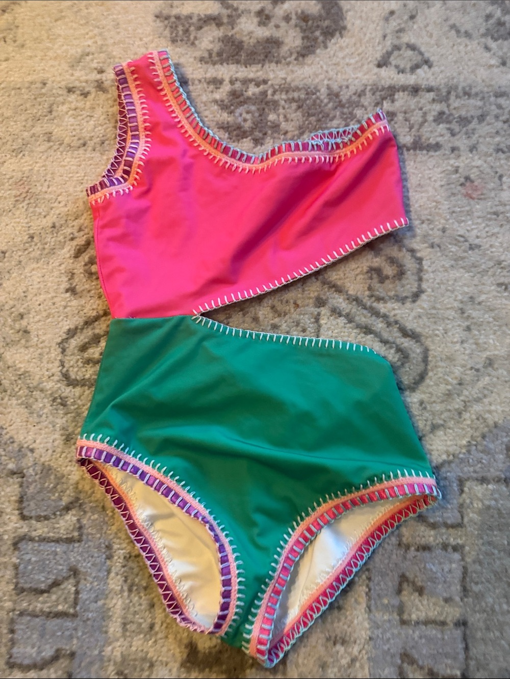 Girls Colorblock One-Shoulder One-Piece Swimsuit - Pink & Green